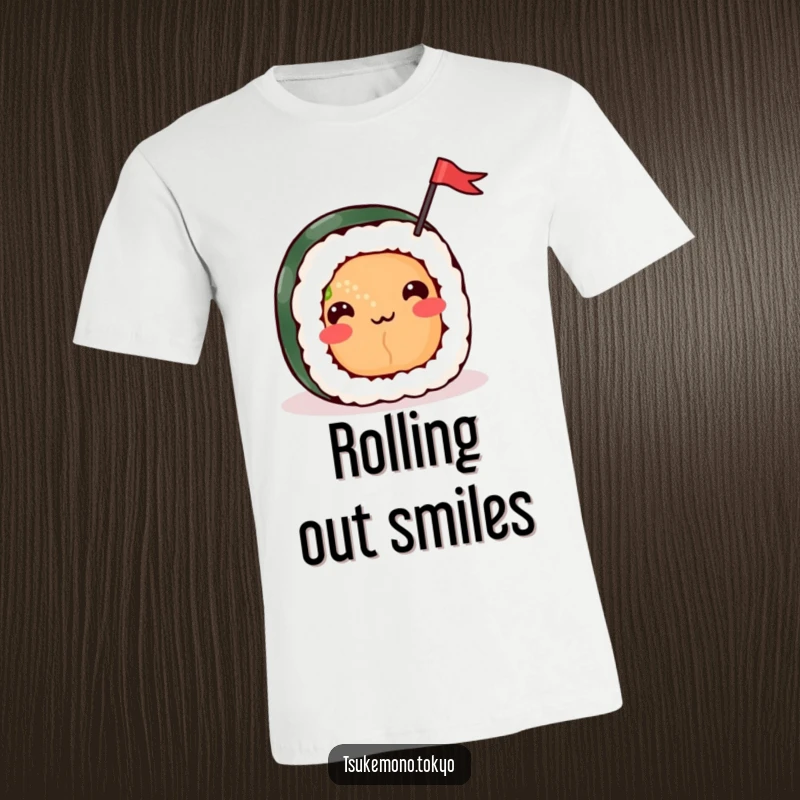 Funny t-shirt featuring a cheerful sushi roll character with a happy face waving a small flag, embodying fun and festive vibes.