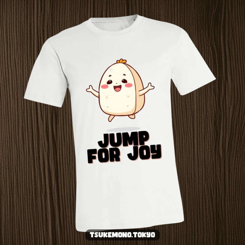 Funny t-shirt depicting a smiling onigiri character in a joyful jump, showcasing pure happiness and playful movement.