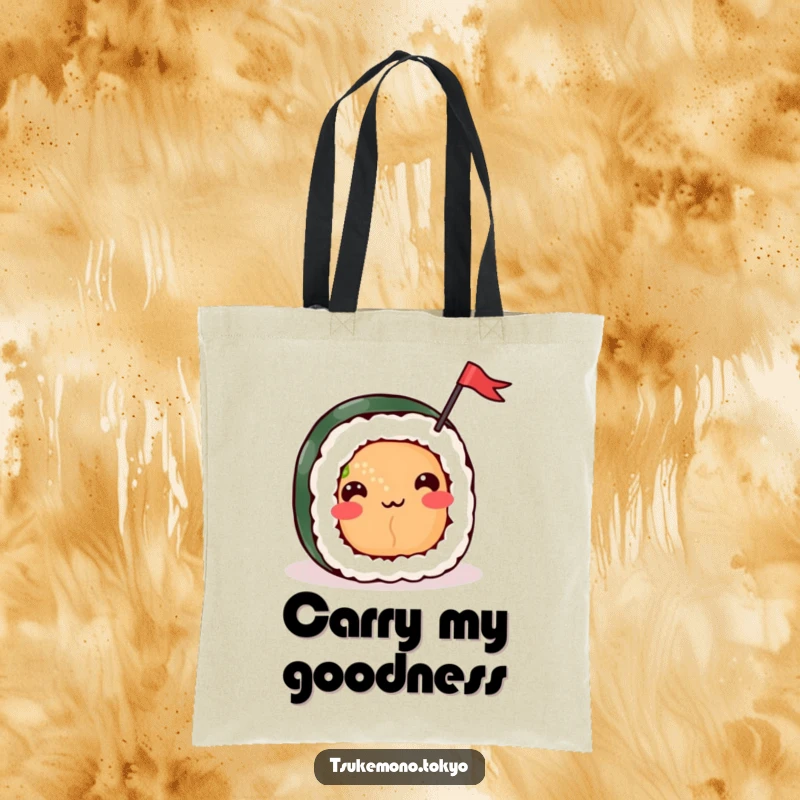 Funny tote bag featuring a cheerful sushi roll character happily waving a small flag, perfect for carrying items with a celebratory flair.