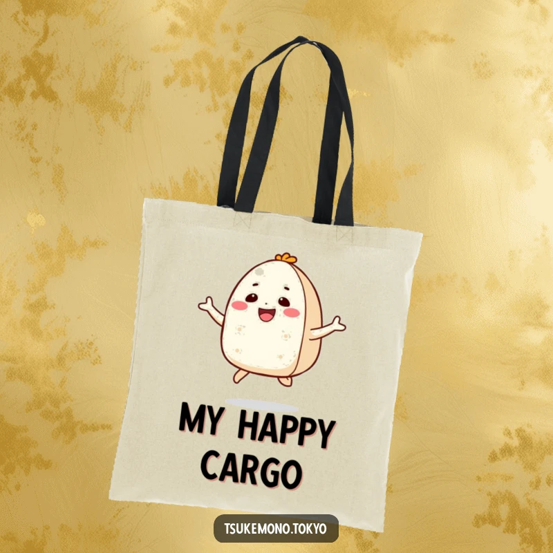 Funny tote bag featuring a smiling onigiri character in a joyful jump, perfect for carrying items with energy and happiness.
