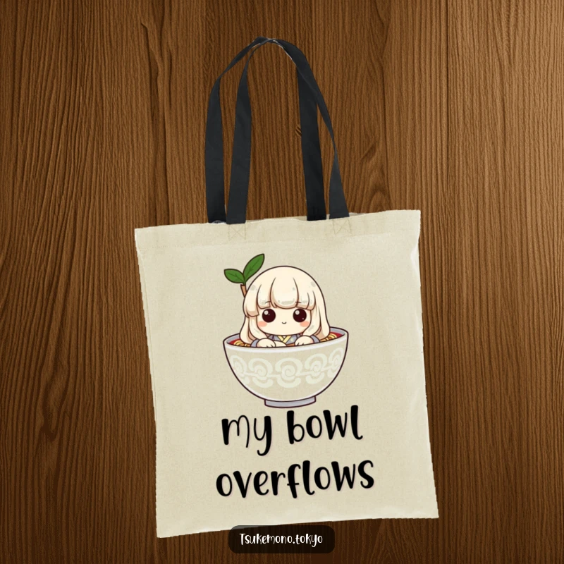 Funny tote bag with a playful udon noodle character in a kimono, peeking from a bowl, perfect for carrying groceries or books.